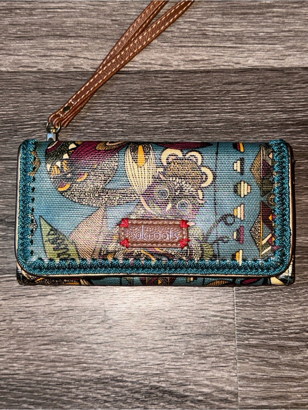 Sakroots Teal Patterned Wristlet Wallet with Brown Strap